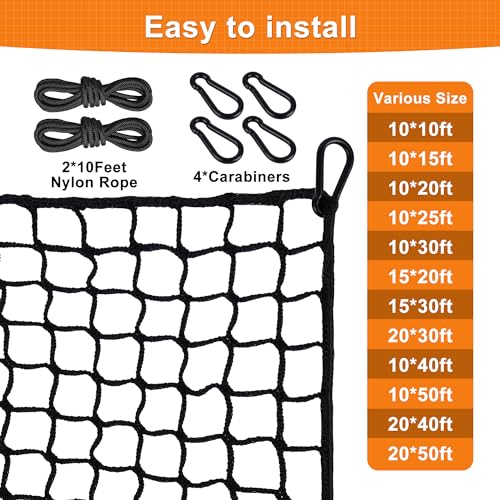 Nylon Golf Net 10-50ft - Practice Hitting Net With Rope and Carabiners, Durable Weatherproof Barrier for Baseball, Hockey, Soccer - size: Black 10X25ft