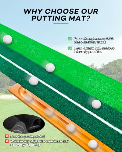 IDEASKY Golf Putting Green Mat with Auto Ball Return, Crease-Free Indoor Practice Training Aid with Alignment Lines & Non-Slip Base for Home Office, Golf Gifts for Men Dad