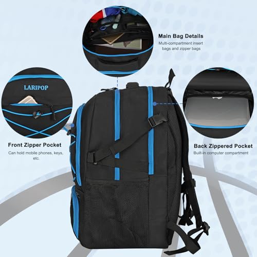 LARIPOP Basketball Backpack Large Basketball Bag with Ball Holder & Shoe Compartment for Youth Adults Men Women - color: TR Blue