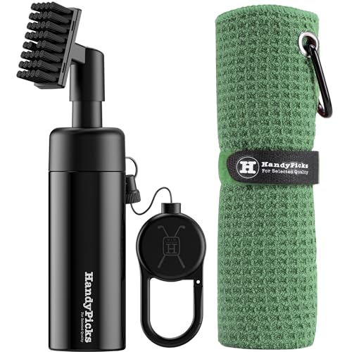 Handy Picks Golf Club Cleaner with Water Bottle Holds 5.5 OZ, Heavy Duty Metal Retractable Magnetic Clip, Waffle Microfiber Golf Towel, Ideal Water Brush Combo - color: Green