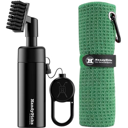 Handy Picks Golf Club Cleaner with Water Bottle Holds 5.5 OZ, Heavy Duty Metal Retractable Magnetic Clip, Waffle Microfiber Golf Towel, Ideal Water Brush Combo