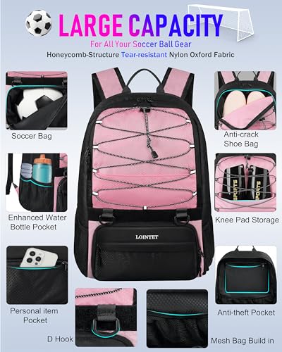 LOINTET Youth Soccer Bag, Soccer Backpack with Ball Compartment, Sports Equipment Training Bags Fits Basketball Football Volleyball and Accessories, Black - color: Pink
