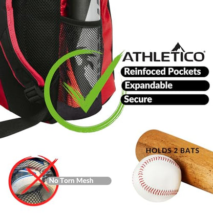 Athletico Youth Baseball Bag - Bat Backpack for Baseball, T-Ball & Softball Equipment & Gear | Holds Bat, Helmet, Glove | Fence Hook - color: Red