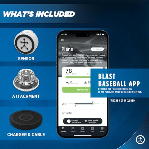 Blast Motion Baseball Swing Analyzer - Improve Your Swing at Every Level - Batting Trainer - Real-time Feedback, Swing Metrics, Video Capture Highlights, Track Performance (GEN3 Sensor)