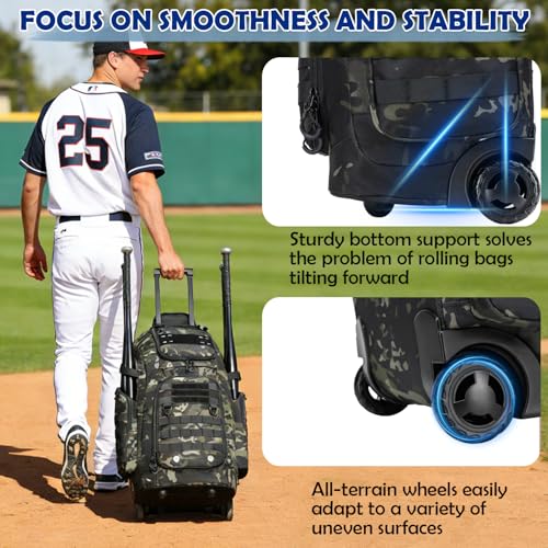 Rolling Baseball Bag with Wheels, Softball Catchers Gear Bags for 4 Bats, Portable Baseball Catcher Bag with Shoe Compartment, Holds All Softball Baseball Equipment - color: Black CM