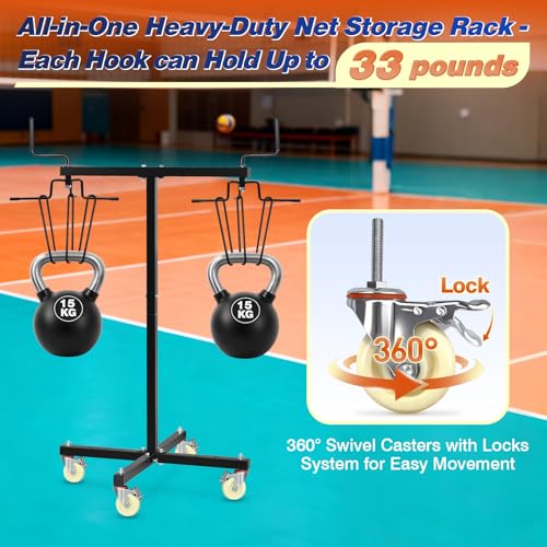 Movable Sports Net Storage Rack with Lockable Wheels, Heavy-Duty Holder for Volleyball, Tennis, Pickleball, Badminton Nets, Space-Saving Support Rack with Swivel Handle & Dust Covers - style: Holds 2 Nets