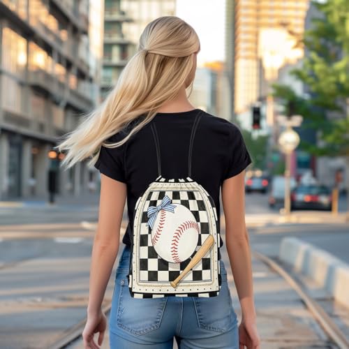 Castle Fairy Baseball Bow Drawstring Backpack Gym Bag,Black White Checkered Cinch Bag,Sports Gaming Foldable Draw String Back Bags Sports Bags,Black Beige - color: Black Beige