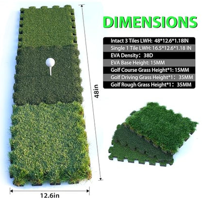 GAIARENA Tri-Turf Golf Hitting Mat Premium Indoor/Outdoor/Backyard Golfing Practice Mat for Home Golf Simulators, Thick EVA Foam Base & Tri-Turf Tiles Rough Driving Course Grass, Gift for Avid Golfers - size: 48"*12.6"