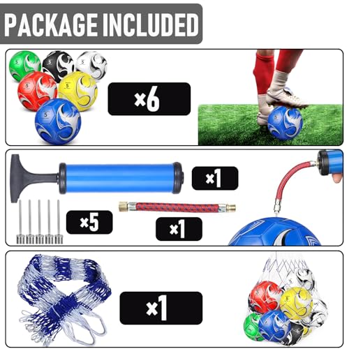 6 Pack Size 5/4/3 Soccer Balls for Training & Matches – Official Size & Weight, Includes Carry Net, Needles, Air Pump – Ideal for Youth and Adult Players - size: Size 3