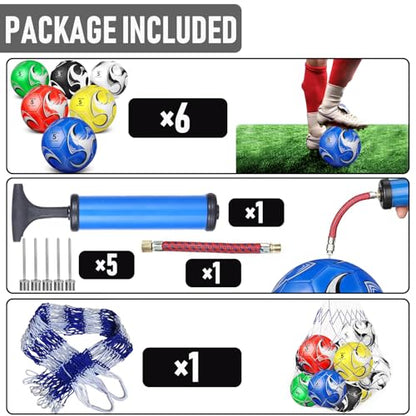 6 Pack Size 5/4/3 Soccer Balls for Training & Matches – Official Size & Weight, Includes Carry Net, Needles, Air Pump – Ideal for Youth and Adult Players - size: Size 5