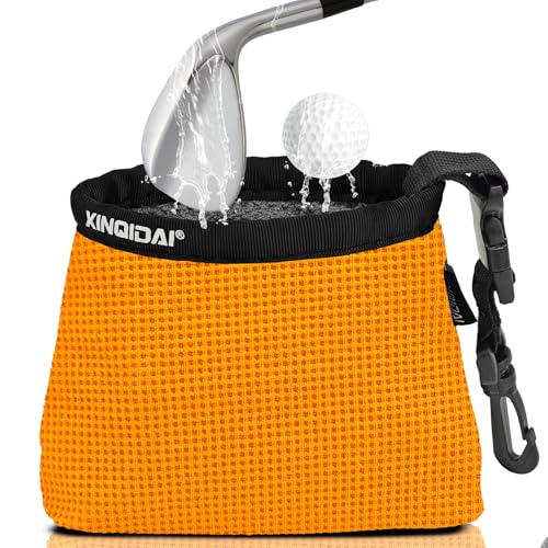 Golf Club and Golf Ball Cleaning Bag - Cleans Club Grooves, Golf Bag Accessories,Waterproof Clean Face Tech, Detachable Clip, Machine Washable,Golfer Gifts for Men(1-Pack,ORANGE) - color: ORANGE