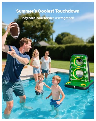 QPAU Inflatable Football Toss Game for Pool – Water Football Target with 4 Balls & 2 Pumps, Dual Net Design, Stable Base, Summer Pool Game for Kids & Adults