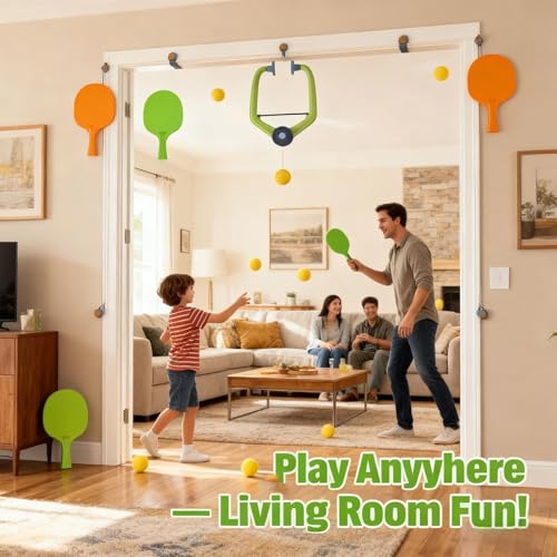 Door Plunking Game, Adjustable Hanging Ping Pong Trainer Set with Racket & Balls