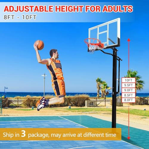 Outdoor in-Ground Basketball System, 8-10Ft Quick-Adjust Height Hoop, 55" Shatterproof Tempered Glass Backboard, Heavy-Duty Stable Base for Driveway, Court, Backyard