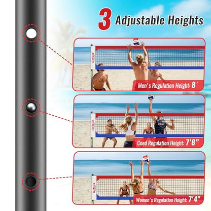 Heavy Duty Professional Volleyball Net Set Aluminum Poles, 32 ft Regulation Portable for Outdoor Backyard Beach, Anti-Sag, Adjustable Height & Length with Carry Bag - color: Red and Blue