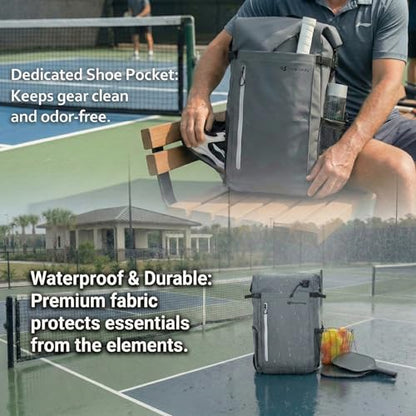 Smartway Waterproof Pickleball Bag With Shoe Compartment - Large Capacity Tennis Racket Backpack For Men Women - color: Grey
