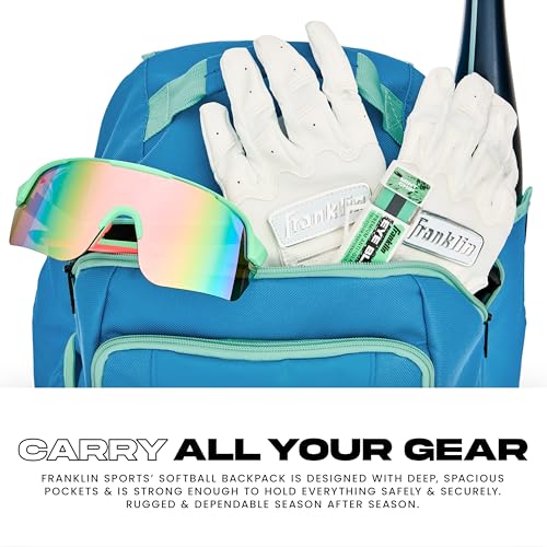 Franklin Sports USA SB Gameday Fastpitch-Softball Backpack – Adult +Youth Softball + Baseball Equipment + Bat Bag – Stores Batting Gloves, Helmet, Cleats - Waterproof Premium Batpack - color: Blue/Mint