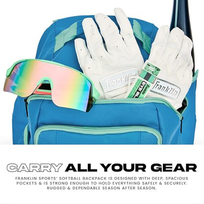 Franklin Sports USA SB Gameday Fastpitch-Softball Backpack – Adult +Youth Softball + Baseball Equipment + Bat Bag – Stores Batting Gloves, Helmet, Cleats - Waterproof Premium Batpack - color: Blue/Mint