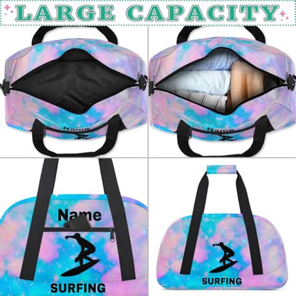 Custom Sport Duffel Bag Surfing Personalized Name Sports Bag Overnight Weekender Bag Waterproof Travel Sport Gym Bags, Blue Pink Glitter - color: Blue Pink, style: Surfing