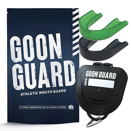 Goon Guard Hockey Mouth Guard Strapless - Hockey Mouth Guard for Youth, Adults, & Braces: 2X The Impact Absorption, Made in The USA, Case Included - color: Black/Green, size: Adult