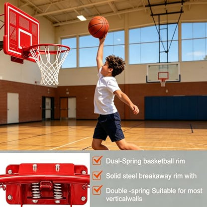Rakon 18" Replacement Basketball Rim Wall Mount Hoop Hand-Crank Backboard Mounted for Indoor/Outdoor Classic Basketball Court, Teens, Adults, Schools, Parks - color: 18" Red Spring