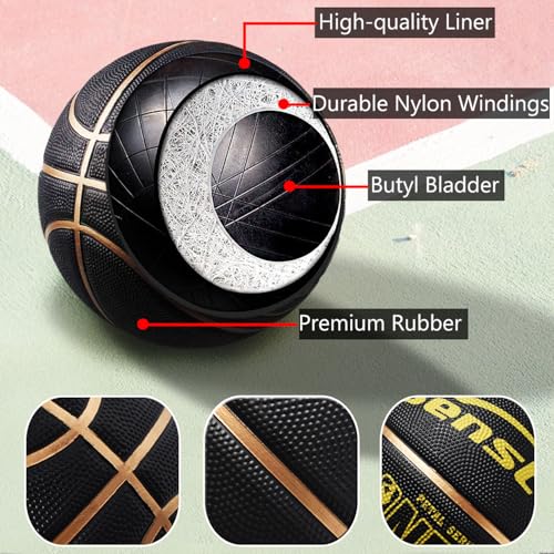 Senston 27.5''/29.5'' Outdoor Basketball Excellent Elasticity/Grip Rubber Basketballs with Pump, Durable Size 5/7 Men Basketball - color: Black/Gold, size: Size 5/27.5''