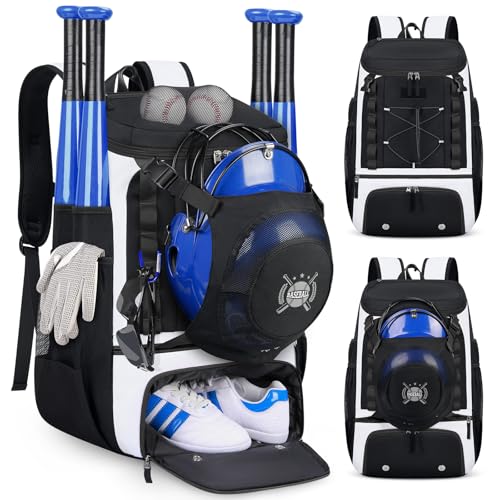 Baseball Bag Lightweight Softball Bags for Adults Youth 40L Large Baseball Backpack with Shoe Compartment, Helmet Holder, Fence Hook Waterproof Softball Bats Bag for T-Ball & Softball Equipment - color: Black & White