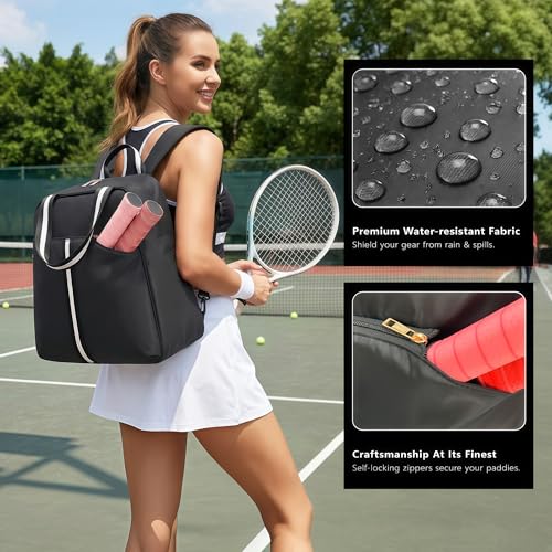 Pickleball Bag for Women Men, Large Pickleball Backpack with Shoe Compartment, Pickle Ball Bag with Paddle Cover Pocket Holds 2 Paddles - color: A-Striped Black