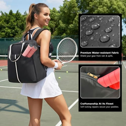 Pickleball Bag for Women Men, Large Pickleball Backpack with Shoe Compartment, Pickle Ball Bag with Paddle Cover Pocket Holds 2 Paddles - color: A-Striped Black