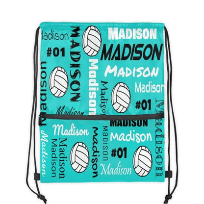 Custom Volleyball Style Drawstring Bag, Personalized Sports Ball Backpack Drawstring Sack Cinch Bags for Team Gift Party Favors, Light Turquoise - color: Dark Navy