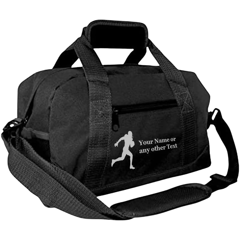 14” Small Sports Duffel Bags for Kids - Waterproof Travel Duffle with Name & Football Design - Black Two-Toned Kids Weekender Bag for Boys and Girls - color: Black, style: Football