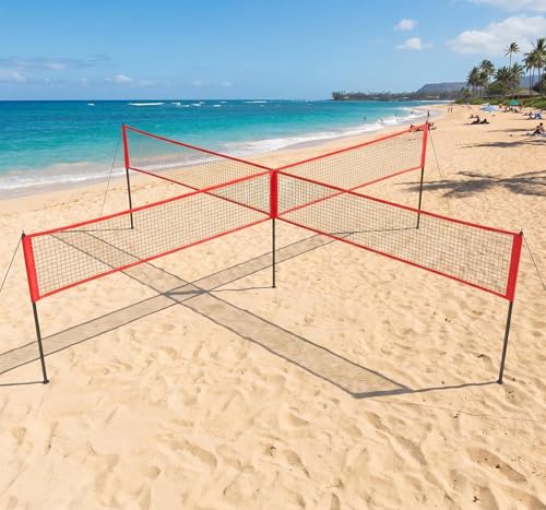 4 Square Volleyball Net Set with 3 Adjustable Heights, 14FT Cross PE System, Use in Backyard or Beach, Includes Ball, Pump, Carry Bag, Hammer, Outdoor Team Games, Black/Red