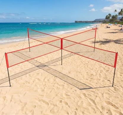 4 Square Volleyball Net Set with 3 Adjustable Heights, 14FT Cross PE System, Use in Backyard or Beach, Includes Ball, Pump, Carry Bag, Hammer, Outdoor Team Games, Black/Red