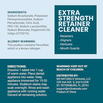 Retainer Cleanser Tablets Cleaner, Removes Odors Discoloration Stains and Plaque 2 Month Supply Denture Cleansers Retainers Mouth Guards Denture Bath Mint by M3 - size: 60 Count