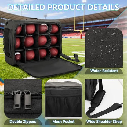 Football Bag Holds 12 Official-Size Footballs, 12-Compartment Ball Carrier with Dividers, Top-Open Organizer Case with Shoulder Strap, Football Team Gear Storage for Practice & Game Day, Bag Only