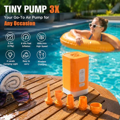 ICEKATI 6.0kPa Air Pump for Inflatables, Portable Air Pump with Camping Light, Rechargeable Battery Inflate Deflate Pump for Air Mattress Swimming Rings Pool Floats Vacuum Storage Bags