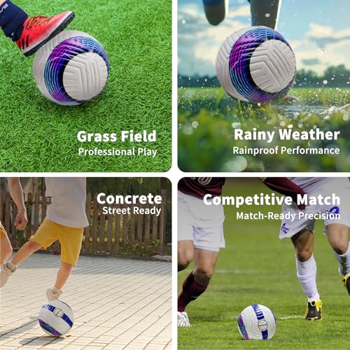 Soccer Ball Size 5,4 – Thermal Bonded Waterproof PU Leather, Professional Training & Match Ball for Youth & Adults, with Pump & Bag, Training Gift Set - color: Blue