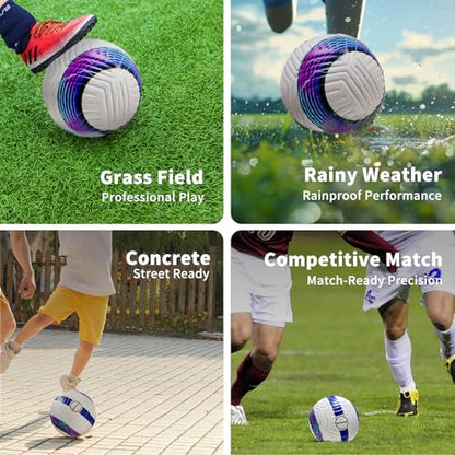 Soccer Ball Size 5,4 – Thermal Bonded Waterproof PU Leather, Professional Training & Match Ball for Youth & Adults, with Pump & Bag, Training Gift Set - color: Blue