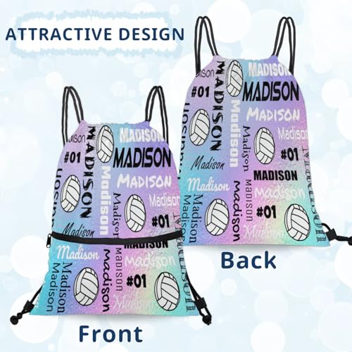 Custom Volleyball Style Drawstring Bag, Personalized Sports Ball Backpack Drawstring Sack Cinch Bags for Team Gift Party Favors, Rainbow Glitter Theme - color: Colourful