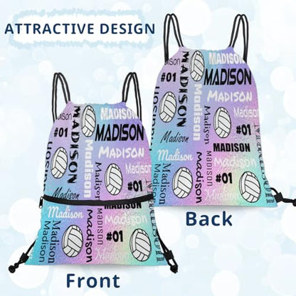 Custom Volleyball Style Drawstring Bag, Personalized Sports Ball Backpack Drawstring Sack Cinch Bags for Team Gift Party Favors, Rainbow Glitter Theme - color: Colourful