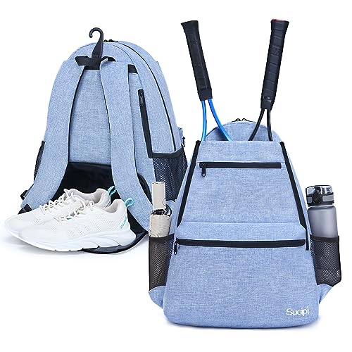 Tennis Bag Professional Tennis Backpack for Men and Women Racket Bags Holds 2 Rackets with Ventilated Shoe Compartment - color: Blue with Shoes Compartment