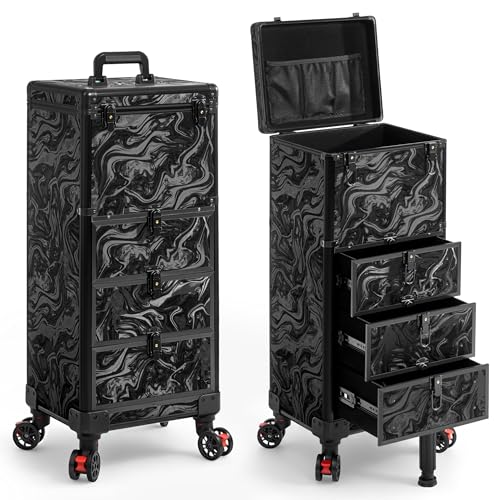 Rolling Makeup Train Case with 3 Drawers, Nail Trolley Cart Salon Station Cosmetology Case on Wheels Organizer Cases for Nail Tech,SPA,Face Painting,Hairstylist,Makeup Artist (Ink Black) - color: Ink Black, size: 3 Drawers