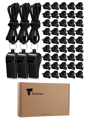 Flutesan 48 Pcs Whistles Bulk with Lanyard Sports Loud Crisp Sound Whistles for Coach Referees Training Emergency - color: Black