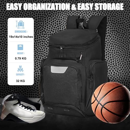 LARIPOP Basketball Backpack with Ball & Ventilated Shoe Compartment Insulated Pockets for Men Youth Training - color: black