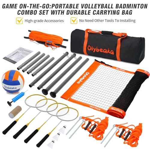 Badminton & Volleyball Combo Set 32 ft with Net, Anti-Sagging Design, 4 Badminton Rackets, 3 Birdies and PU Volleyball for Backyard Lawn Beach - color: Bright Orange
