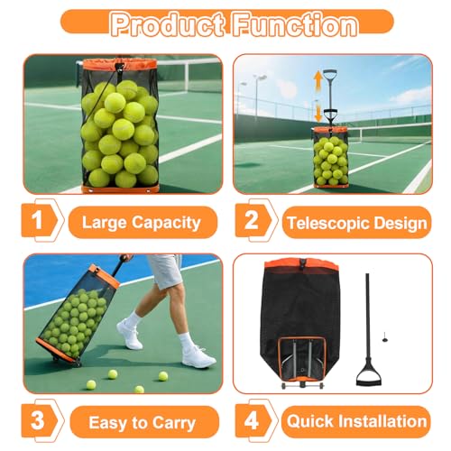 Rolling Pickleball Ball Collector with Wheels & Telescopic Handle - Large Capacity Tennis Ball Hopper Basket with Durable Mesh, Portable Ball Retriever for Tennis, Pickleball & Baseball Training