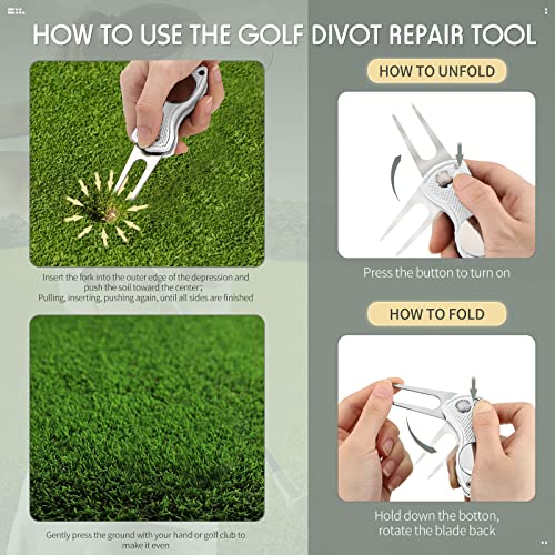 Skylety 4 Pcs Golf Divot Repair Tool Metal Foldable Golf Divot Tool with Magnetic Pop-up Button Ball Marker Stainless Steel Switchblade for Golfers Prizes - color: Silver