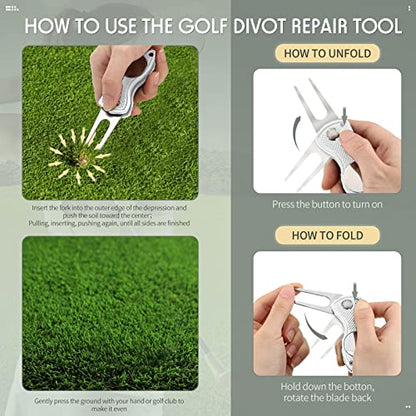 Skylety 4 Pcs Golf Divot Repair Tool Metal Foldable Golf Divot Tool with Magnetic Pop-up Button Ball Marker Stainless Steel Switchblade for Golfers Prizes - color: Silver