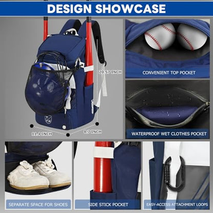TPAID Baseball Backpack Large Capacity Softball Bag with Shoes Compartment and Fence Hook, Lightweight Baseball Equipment Bag Holds Bats, Helmets, Gloves, Hats, Clothes, Shoes - color: Blue-B, size: 2 Bat Baseball
