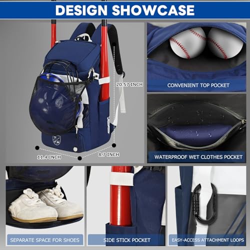 TPAID Baseball Backpack Large Capacity Softball Bag with Shoes Compartment and Fence Hook, Lightweight Baseball Equipment Bag Holds Bats, Helmets, Gloves, Hats, Clothes, Shoes - color: Blue-B, size: 4 Bat Baseball